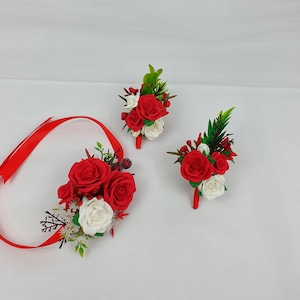 Boutonniere and corsage set Red wrist corsage Flower wrist corsage Wedding wrist corsage Boutonniere for men Red prom corsage White corsage