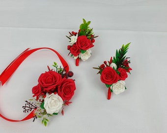 Boutonniere and corsage set Red wrist corsage Flower wrist corsage Wedding wrist corsage Boutonniere for men Red prom corsage White corsage