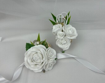 White flowers with gold ribbons and bead wrist corsage and boutonniere set for prom, wedding, hen party
