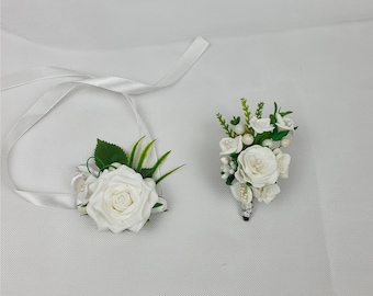White rose flower Corsage and boutonniere set for Wedding prom Boutonniere for men
