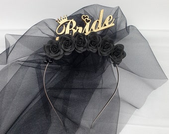 Hen party veil Gothic bachelorette party Black bride to be headband Gothic bridal shower Gold bachelorette crown Black bridal crown