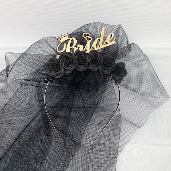 Hen party veil Gothic bachelorette party Black bride to be headband Gothic bridal shower Gold bachelorette crown Black bridal crown