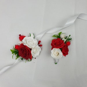 Rote weiße Rose Corsage und Boutonniere prom Hochzeit Boutonniere Rotes Handgelenk Corsage Rotes Blumenarmband Weißes Handgelenk Corsage