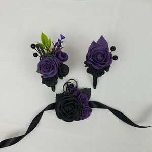 Indigo and black rose corsage and boutonniere set for halloween party, prom, gothic wedding