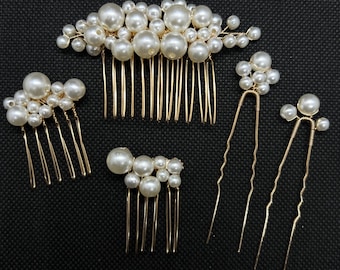Silver Gold Pearl Bridal Hair Comb and Pins Set of 5 – Handmade Wedding and Prom Hair Accessories for Bride and Bridesmaids