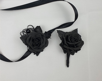 Black rose wrist corsage and boutonniere set for gothic wedding, prom, halloween party