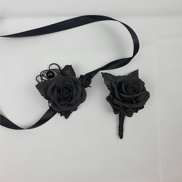 Black rose wrist corsage and boutonniere set for gothic wedding, prom, halloween party