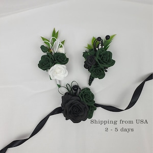 Emerald green and black rose flower corsage and boutonniere set for prom, gothic party, wedding, halloween