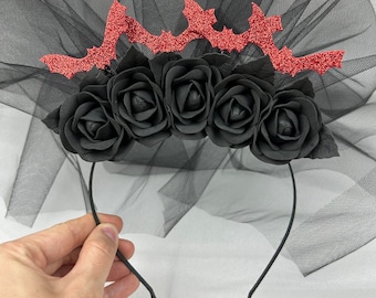Halloween party headband with black flower, red bat and black veil
