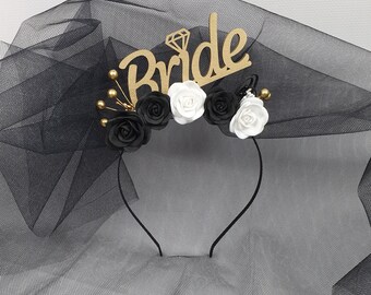 Black bridal crown Black party veil Gothic bachelorette party Black bride to be headband Gothic bridal shower Hen party veil Bridal headwear