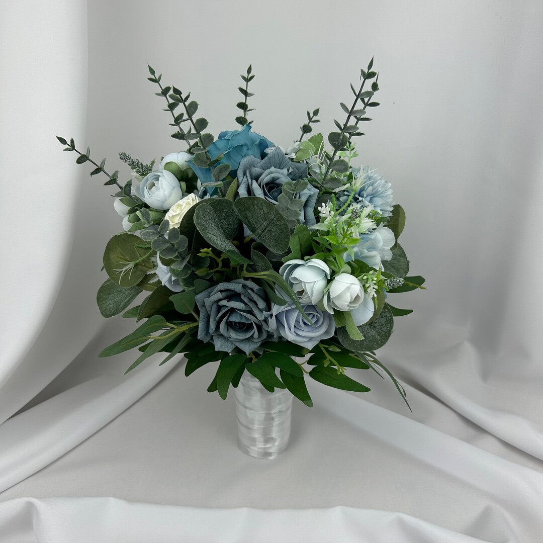 Dusty Blue White Roses Bridal Bouquet With Eucalyptus Bridesmaid ...