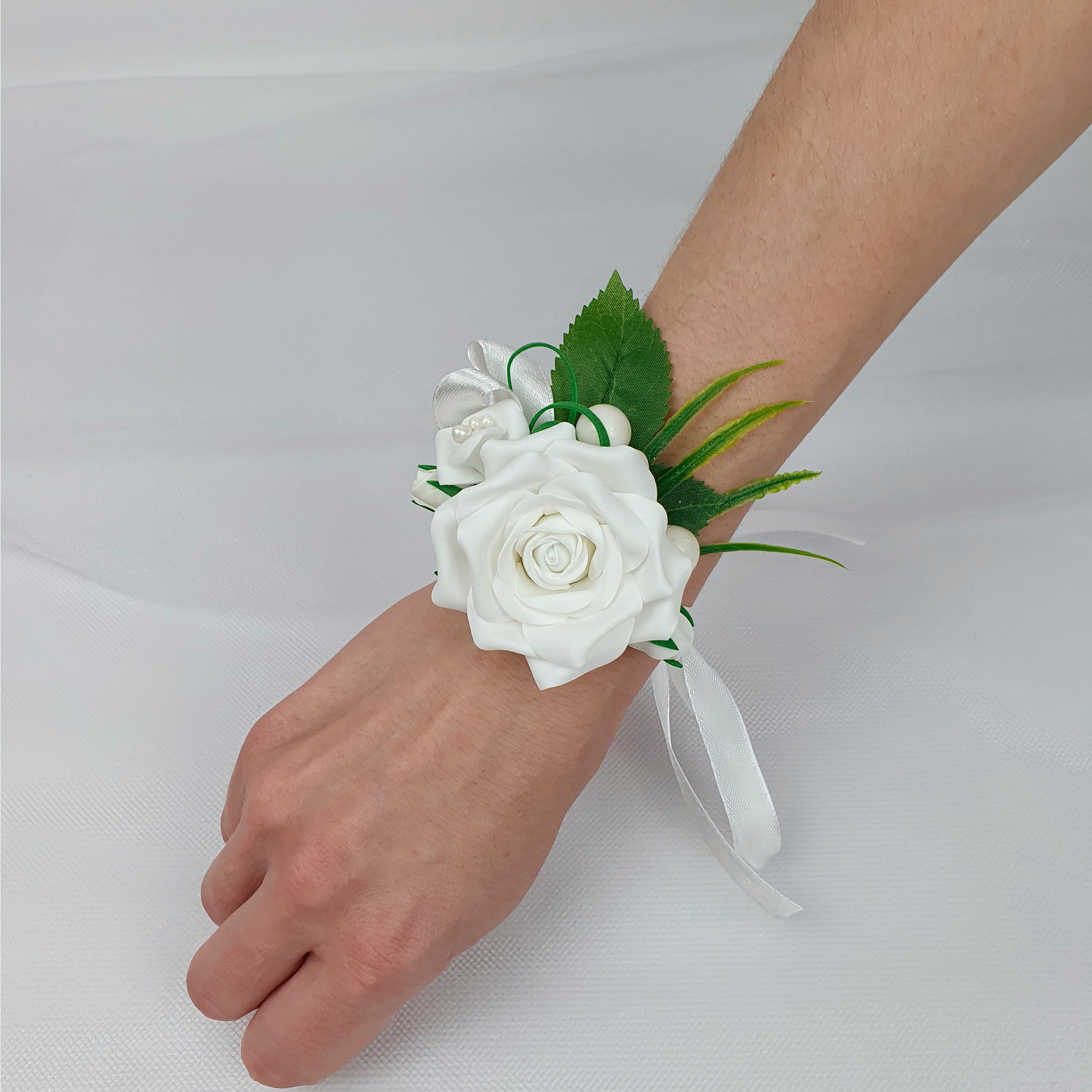 Latious Bride Wedding Corsage & Boutonniere Set - White Fabric Rose Wrist Corsage And Groom Boutonniere