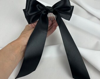 Bachelorette black satin bow Gothic bride to be headband Halloween party veil Spooky gothic bridal shower Goth wedding bow