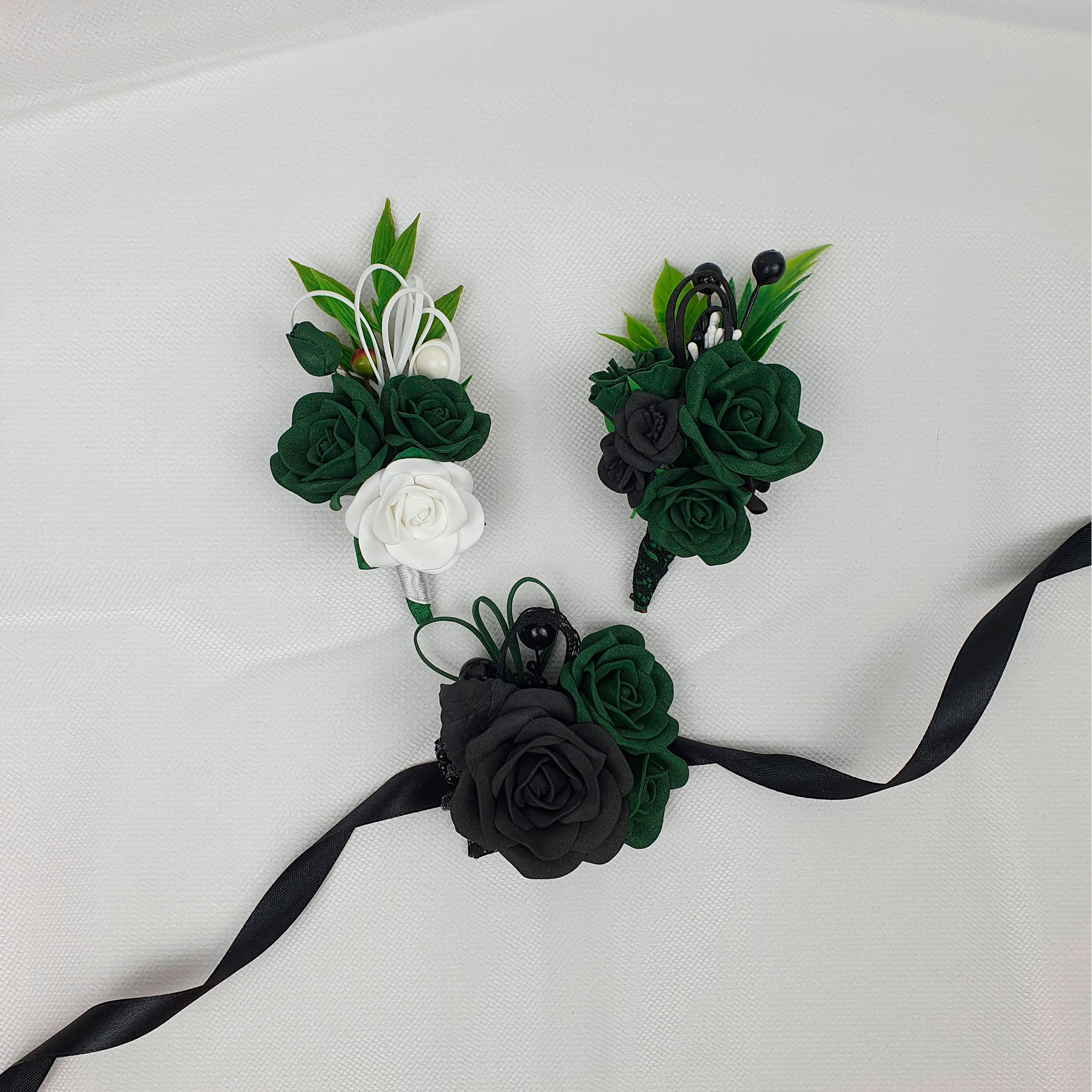 Dark Green Wedding Bridal Wrist Corsage Bracelet Groom Boutonniere Rose Flowers 
