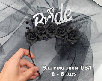 Hen party veil, Bridal headband for gothic halloween bachelorette party with black rose veil and silver or gold bride crown