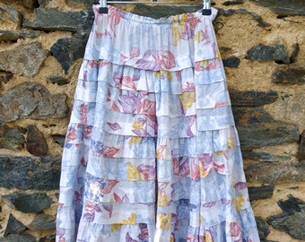 CHACOK, 1980, ruffled skirt by Arlette Decock, cotton, floral pattern, high waist, Size S, M