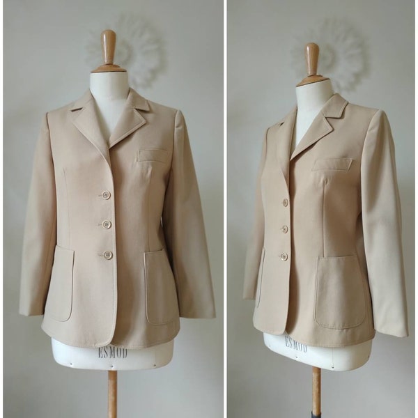 1960-70s Veste blazer beige en laine vierge avec col tailleur Taille S, Fr36 Eu34,Uk,Au,Nz6 Us2