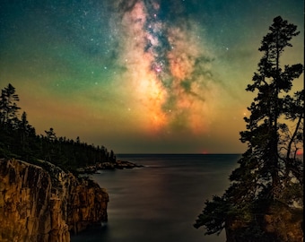 Milky Way Over Acadia Coast Photo Print – Night Sky Landscape Wall Art, Starry Cliff