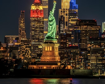Statue of Liberty NYC Skyline Photo Print | Empire State Building Night Wall Art