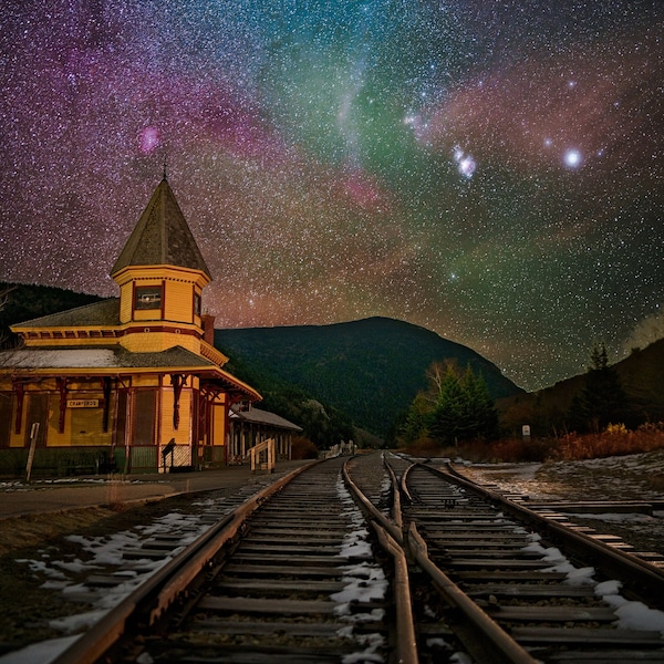 Crawford Notch Train Tracks with Snow Orion constellation Night Sky Wall Art | New Hampshire Starry Night | White Mountains Photo Print