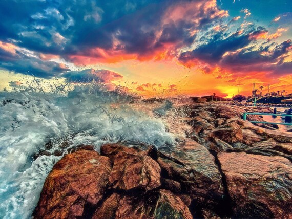 Israel Rocks Art - Print, Caesarea Photo at Paper, Framed in Sunrise Wall Etsy Waves Print Ocean Crashing Photo, Waves Art Metal Canvas Into