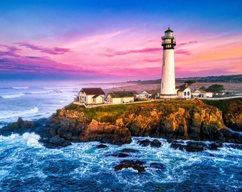 Lighthouse in Sunrise - Santa Cruz CA - Canvas Print | California Coast Lighthouse | Pacific Coast Highway | Pacific Ocean | Framed Picture