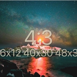 May include: A lighthouse on a small island with a snowy landscape, illuminated by a bright red light. The Milky Way is visible in the night sky above. The text "4:3 16x12 40x30 48x36" is displayed below the lighthouse.