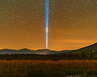Honor Summit 9/11 Light Beam Photo Print | Mount Washington Tribute Reflected in Cherry Pond | Vertical New Hampshire Night Sky Wall Art