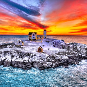 Maine Nubble Lighthouse in Sunrise Wall Art | New England Lighthouses | York Maine | Canvas Print, Photo Paper, Framed Photo or Metal
