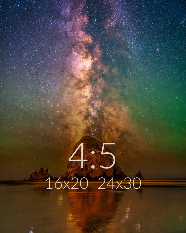 May include: A night sky photograph featuring the Milky Way galaxy above a large rock formation on a beach. The image displays the text 4:5, 16x20, and 24x30 in white font. The scene includes vibrant purple, orange, and green hues in the starry sky.