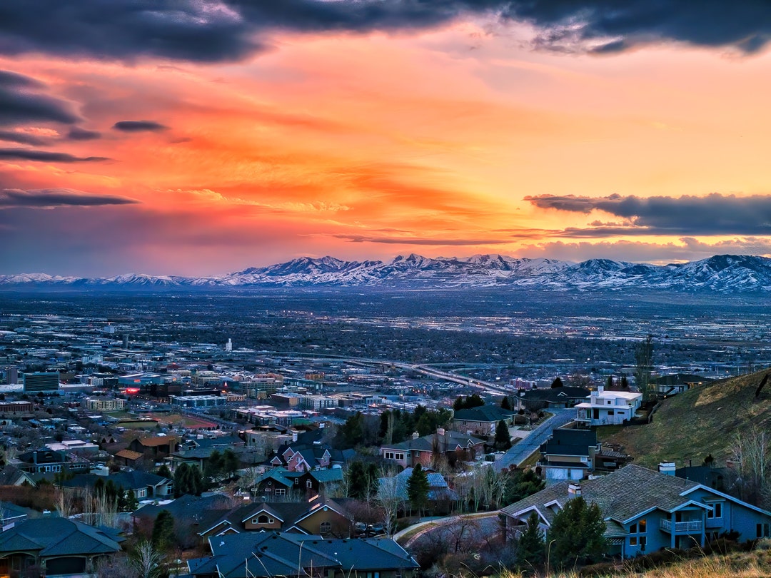 Salt Lake City View Wall Art Utah Sunset Photo Print Utah Sunset Sky