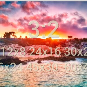 May include: A scenic sunset over a beach with rocky outcrops and palm trees. The sky is a vibrant mix of pink, orange, and purple. The image includes the text "3.2" and various numbers representing different image sizes: 12x8, 24x16, 30x20, 36x24, 45x30, and 60x40.