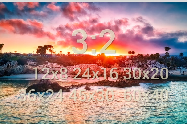 May include: A scenic sunset over a beach with rocky outcrops and palm trees. The sky is a vibrant mix of pink, orange, and purple. The image includes the text "3.2" and various numbers representing different image sizes: 12x8, 24x16, 30x20, 36x24, 45x30, and 60x40.