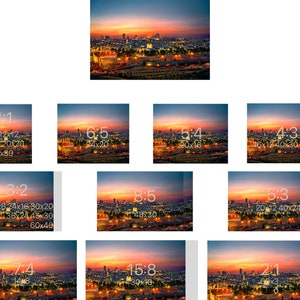 Puede incluir: Una vista panor&aacute;mica de un horizonte urbano al atardecer, con edificios iluminados contra un cielo naranja y rosa vibrante. La imagen est&aacute; dividida en nueve relaciones de aspecto diferentes, mostrando la misma escena en varias proporciones.