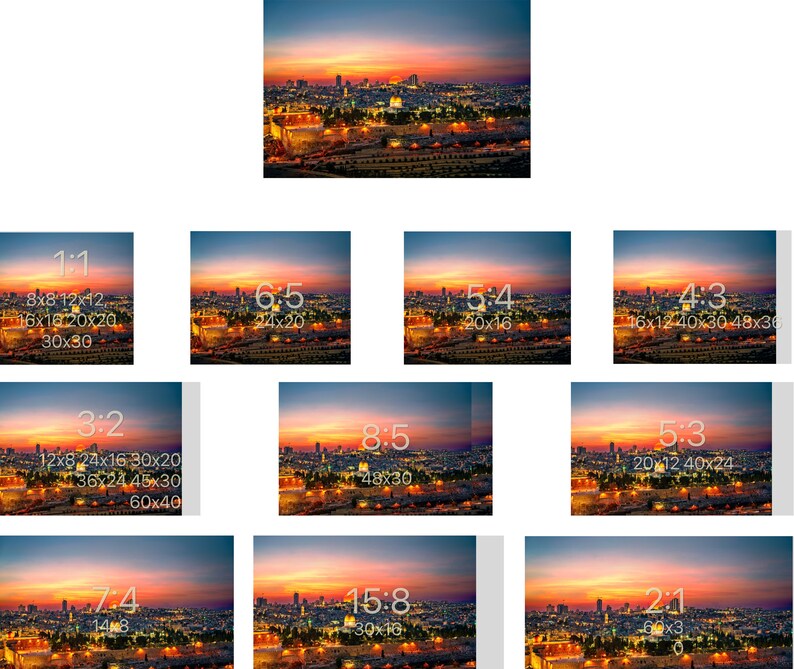 Puede incluir: Una vista panor&aacute;mica de un horizonte urbano al atardecer, con edificios iluminados contra un cielo naranja y rosa vibrante. La imagen est&aacute; dividida en nueve relaciones de aspecto diferentes, mostrando la misma escena en varias proporciones.