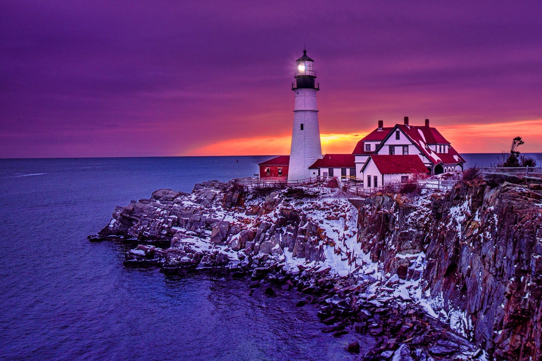 Portland Head Light Photo Print With Snow During Sunrise Maine Coast