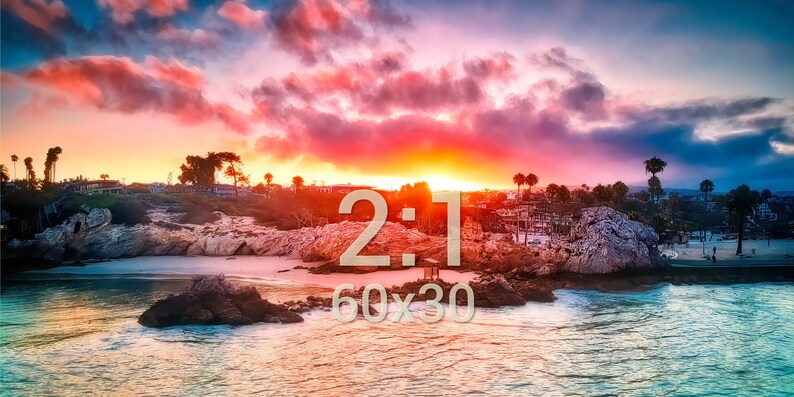 May include: A scenic sunset over a rocky beach with a vibrant pink and orange sky. The text "2:1 60x30" is superimposed on the image.