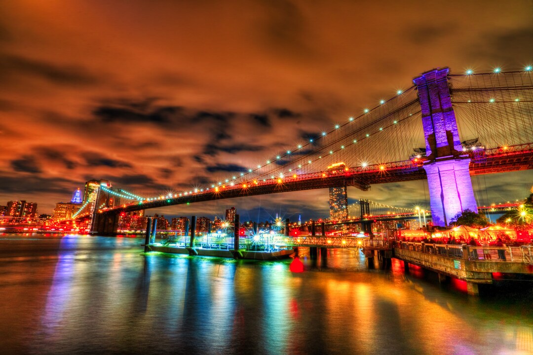 NY Manhattan Skyline Brooklyn Bridge at Night - New York Canvas Print ...