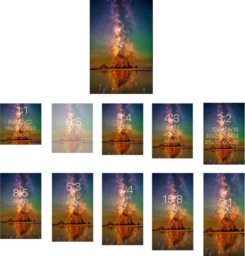 May include: A digital print featuring a night sky with a vibrant Milky Way galaxy above a large rock formation on a beach. The image displays various aspect ratios and dimensions in inches, including 1:1, 6:5, 5:4, 4:3, 3:2, 8:5, 5:3, 7:4, 15:8, and 2:1.