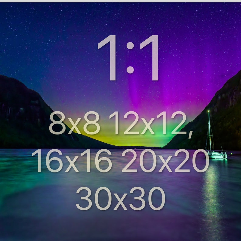May include: A digital art print featuring a serene landscape with a sailboat on calm water under a starry sky and aurora borealis. The image includes text indicating various size options: 8x8, 12x12, 16x16, 20x20, and 30x30 inches.