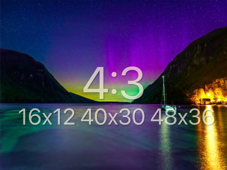 May include: A scenic landscape photograph featuring a lake with a sailboat, mountains, and a vibrant night sky illuminated by the aurora borealis. The image is labeled with the aspect ratio 4:3 and dimensions 16x12, 40x30, and 48x36.