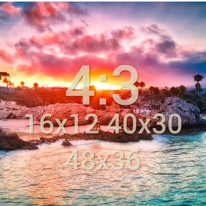 May include: A colourful sunset over a rocky coastline with the text "4:3 16x12 40x30 48x36" superimposed on the image.
