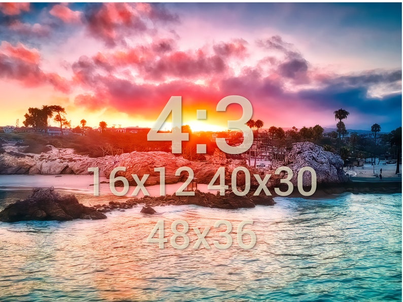 May include: A colourful sunset over a rocky coastline with the text "4:3 16x12 40x30 48x36" superimposed on the image.