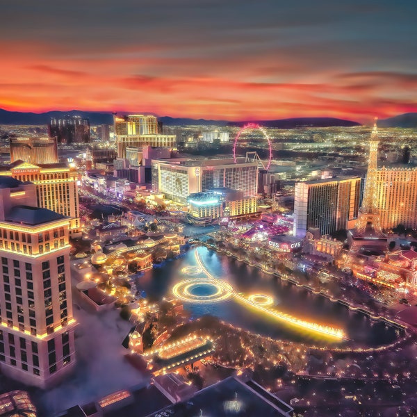 Las Vegas: Strip Photo - Bellagio Fountain & Water Show | Las Vegas Nevada - Sunset Canvas Print, Photo Print, Framed Photo, Metal