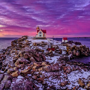 Nubble Lighthouse Photo Print - Maine Lighthouse Wall Art - Sunrise Holiday Lights | York Maine | Canvas, Framed Photo, Metal