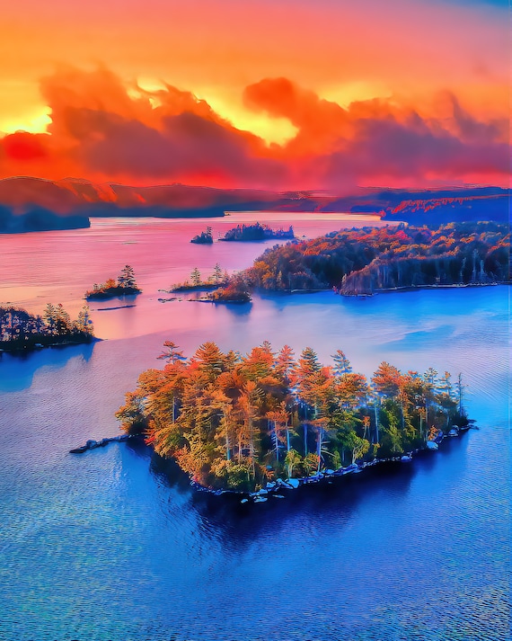 Squam Lake Islands Fall Sunrise New Hampshire Lakes Area White