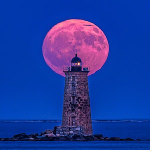 Whaleback Lighthouse Full Moon Photo - Kittery Maine -  Print Wall Art - Maine Coast Lighthouse Picture | New Castle New Hampshire