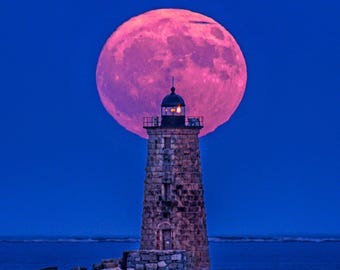 Whaleback Lighthouse Full Moon Photo - Kittery Maine -  Print Wall Art - Maine Coast Lighthouse Picture | New Castle New Hampshire