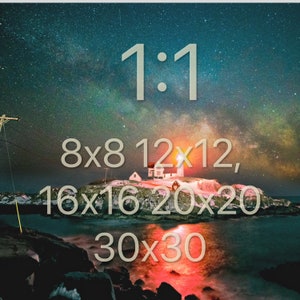 May include: A lighthouse on a rocky island with a starry night sky in the background. The text "1:1 8x8 12x12, 16x16 20x20 30x30" is displayed on the image.