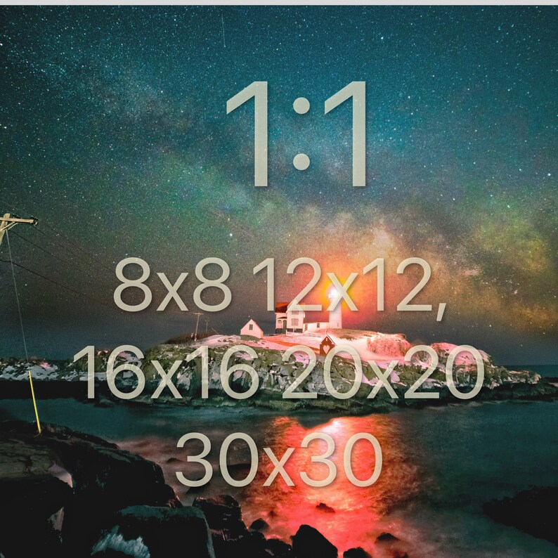 May include: A lighthouse on a rocky island with a starry night sky in the background. The text "1:1 8x8 12x12, 16x16 20x20 30x30" is displayed on the image.